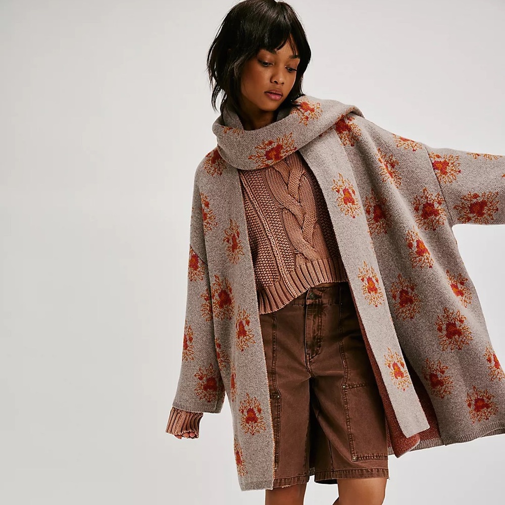 Free People Gray and Orange Patterned Cowl Sweater